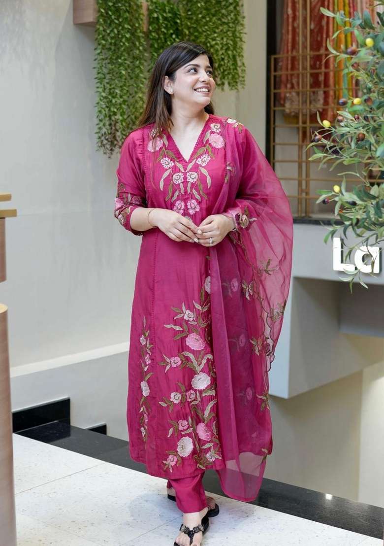 Wine Embroidery Silk Kurta Set - Indya