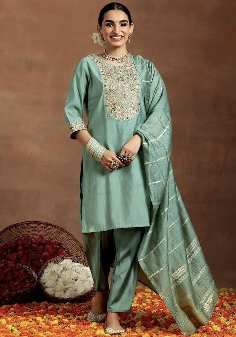 Pista Embroidery Chanderi Kurta Set