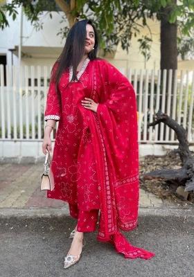Red Printed Rayon Kurta Set