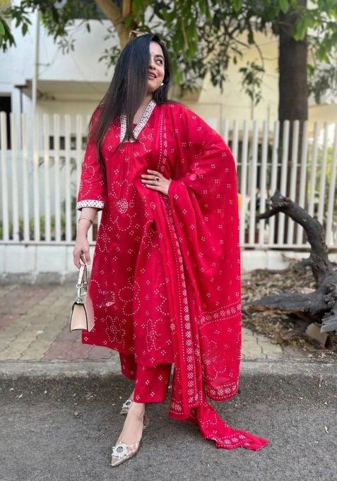 Red Printed Rayon Kurta Set