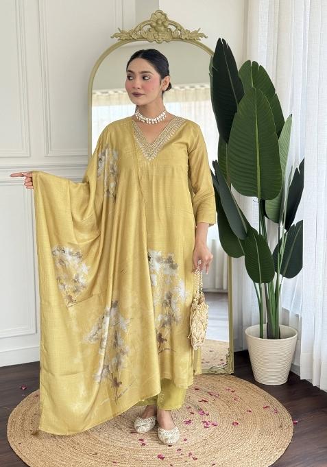 Yellow Embroidery Muslin Kurta Set