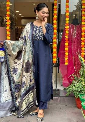 Blue Embroidery Viscose Chanderi Kurta Set