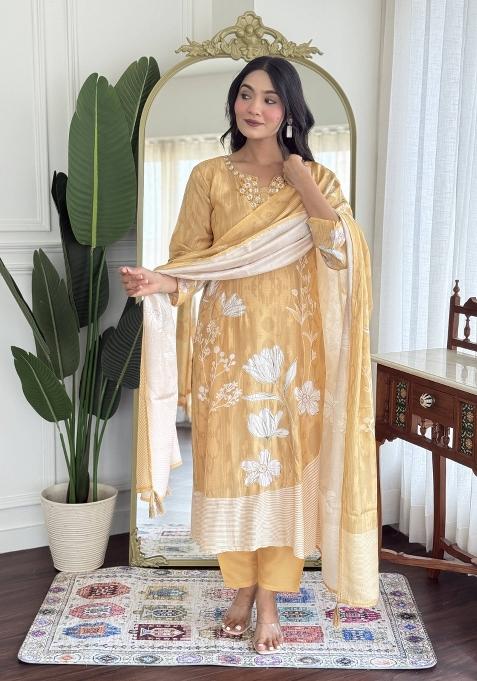 Beige Embroidery Muslin Kurta Set