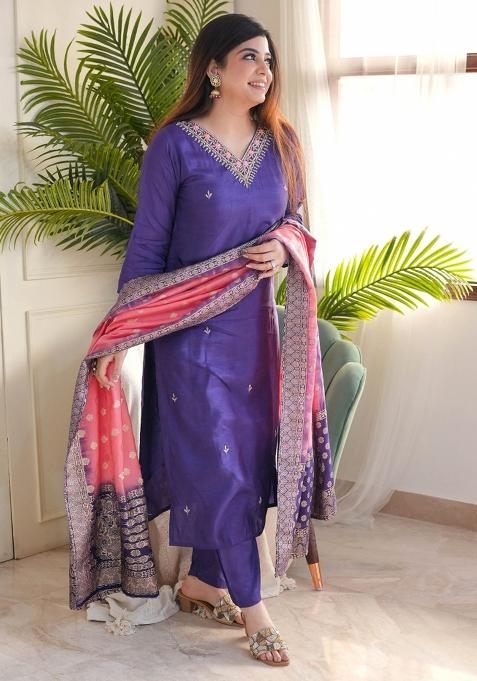 Blue Embroidery Viscose Chanderi Kurta Set