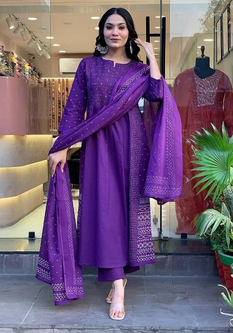 Blue Embroidery Chanderi Kurta Set