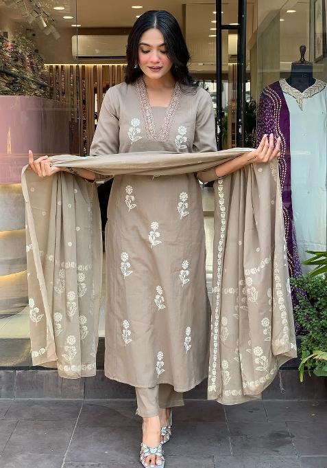 Cream Embroidery Cotton Kurta Set