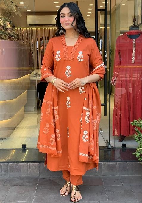 Orange Embroidery Cotton Kurta Set