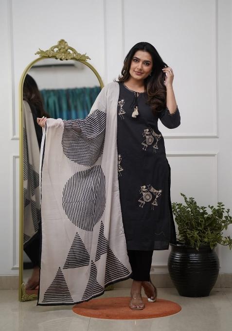 Black Embroidery Silk Kurta Set