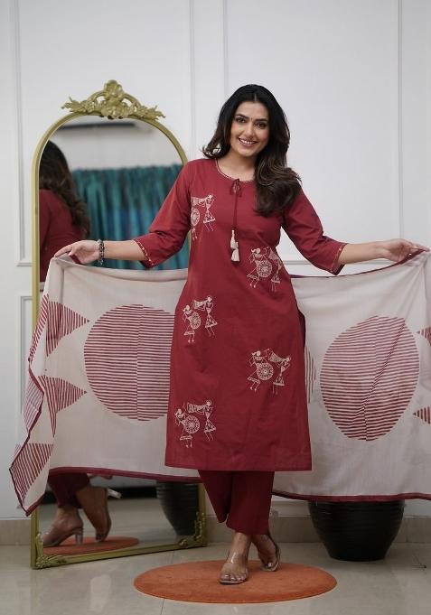 Maroon Embroidery Silk Kurta Set