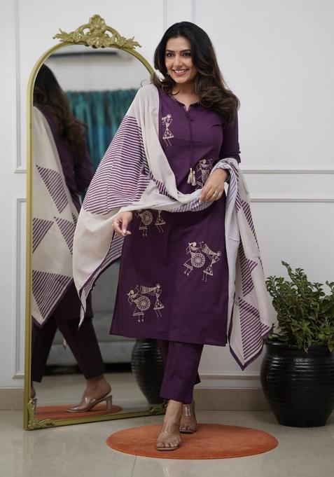 Wine Embroidery Silk Kurta Set