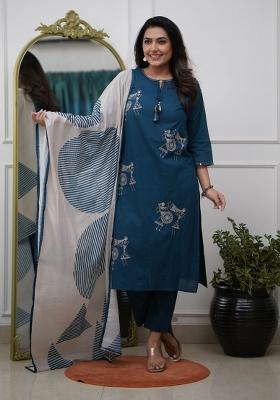Teal Embroidery Silk Kurta Set