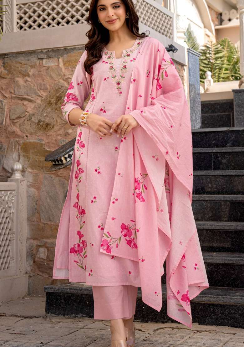 Pink Printed Chanderi Kurta Set - Indya
