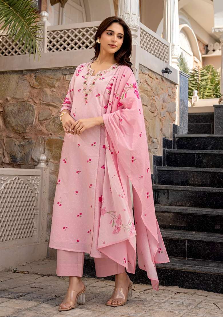 Pink Printed Chanderi Kurta Set - Indya