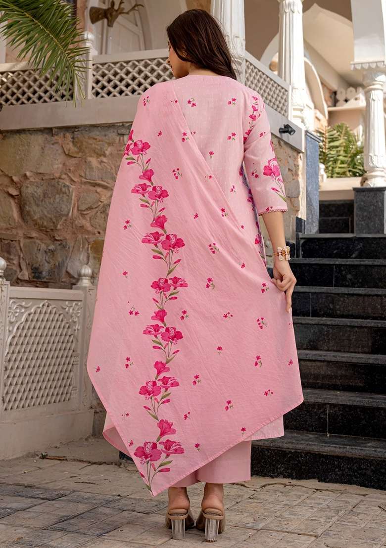 Pink Printed Chanderi Kurta Set - Indya