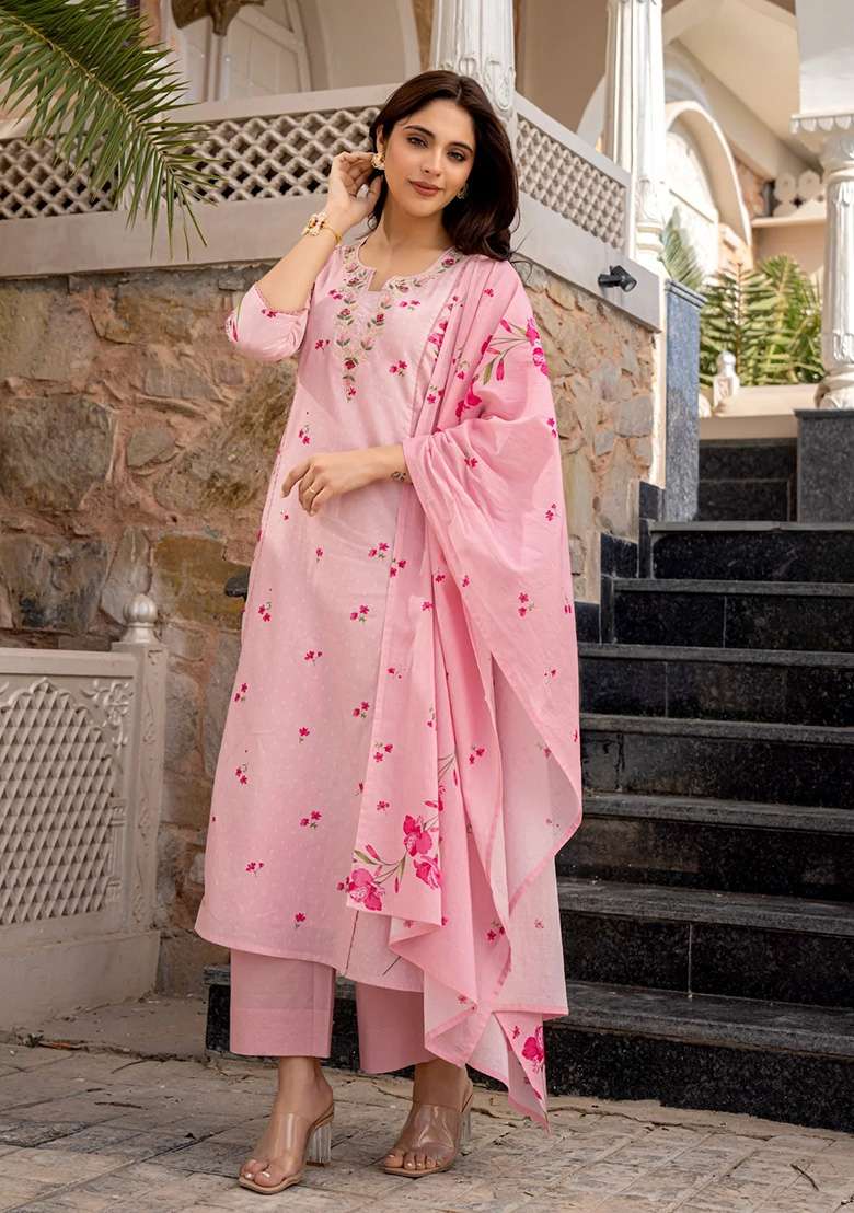 Pink Printed Chanderi Kurta Set - Indya