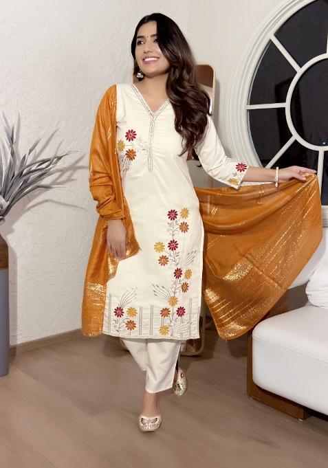 Peach Embroidery Cotton Kurta Set