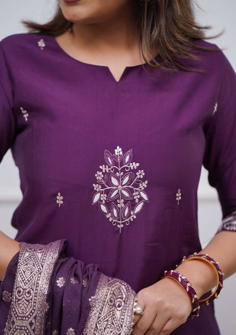Multicolor Embroidery Chanderi Kurta Set - Indya