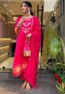 Pink Embroidery Viscose Silk Kurta Set
