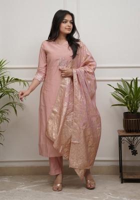 Peach Embroidery Chanderi Kurta Set