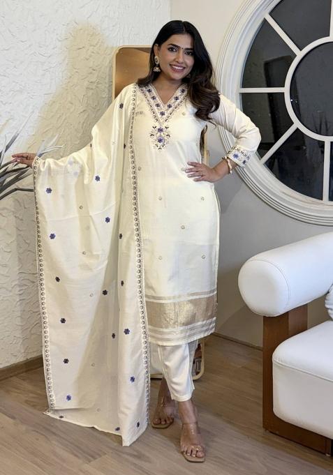 White Embroidery Viscose Silk Kurta Set