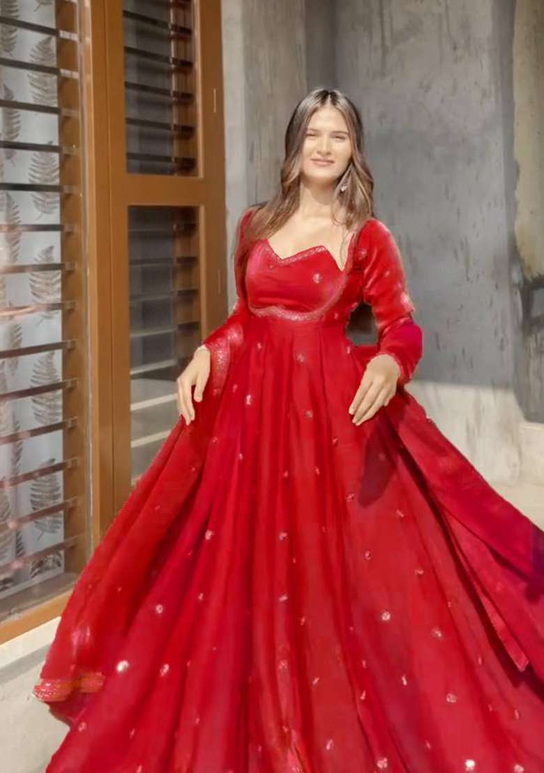 Red Embroidered Silk Blend Anarkali Set - Indya