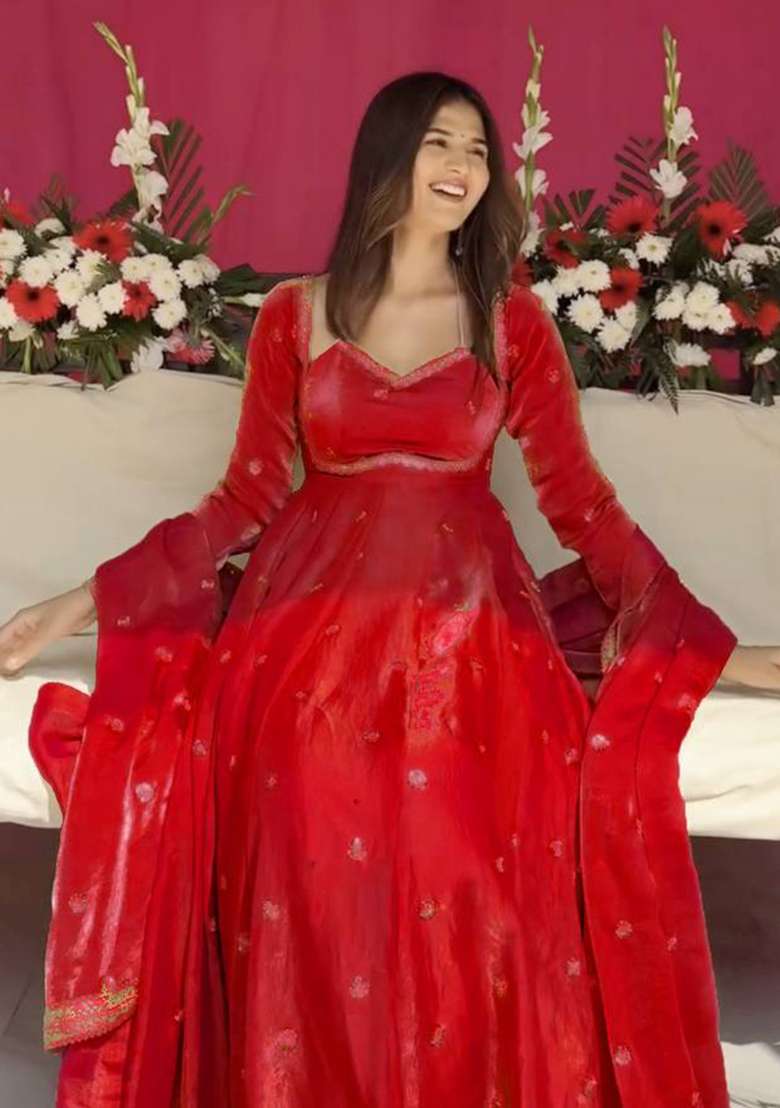 Red Embroidered Silk Blend Anarkali Set - Indya