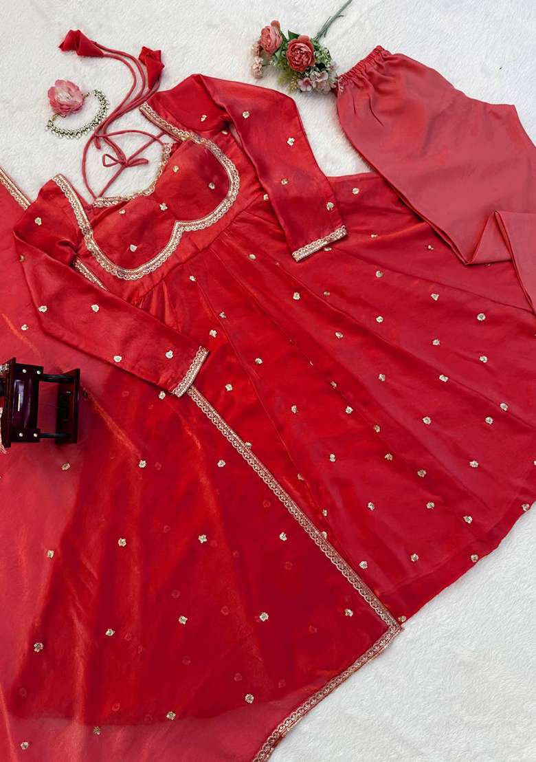 Red Embroidered Silk Blend Anarkali Set - Indya