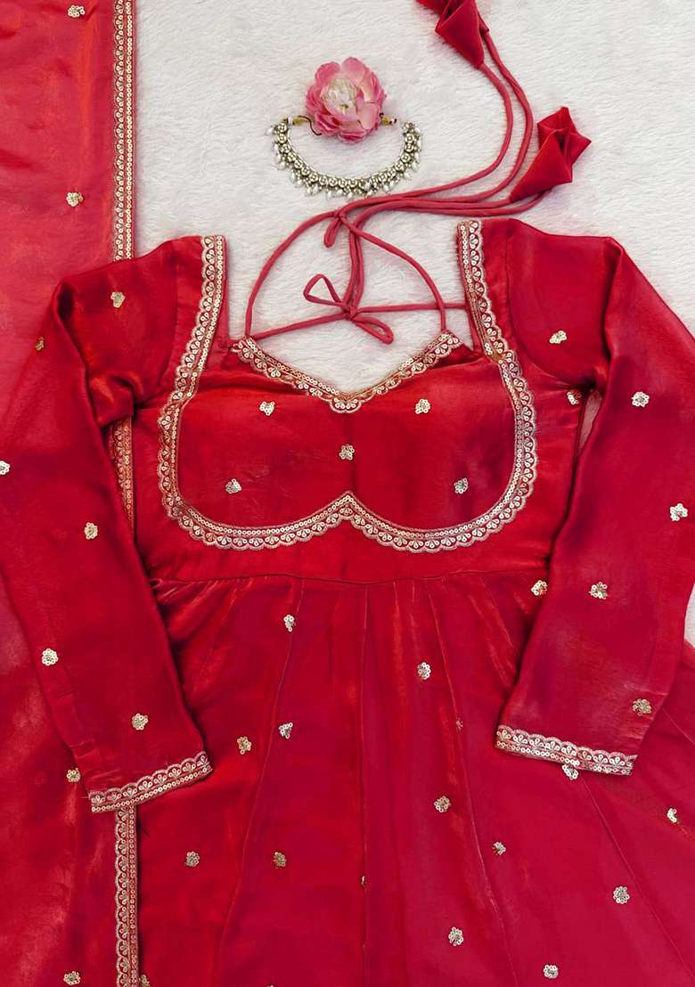 Red Embroidered Silk Blend Anarkali Set - Indya