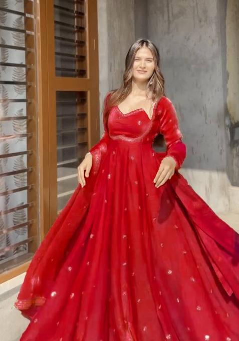 Red Embroidery Silk Kurta Set