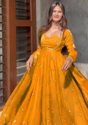 Yellow Embroidered Silk Blend Anarkali Set