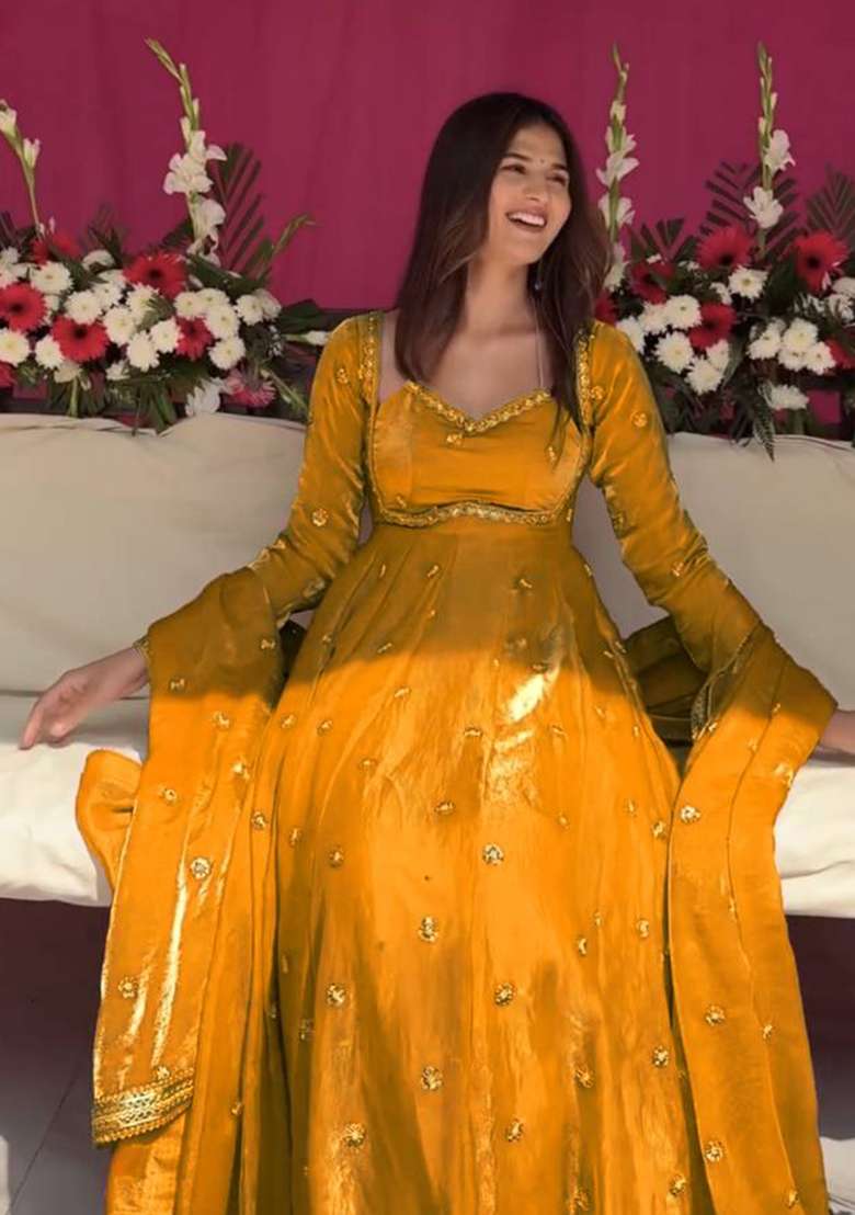 Yellow Embroidered Silk Blend Anarkali Set - Indya