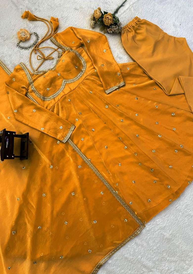Yellow Embroidered Silk Blend Anarkali Set - Indya