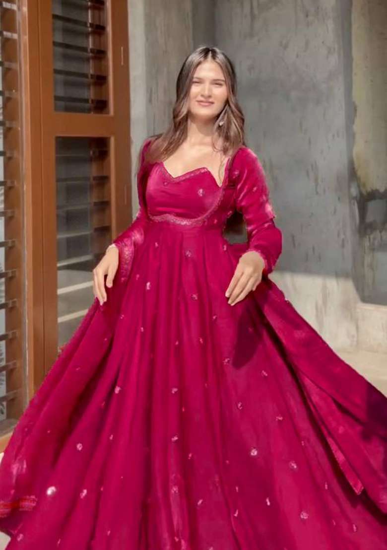 Rani Pink Embroidered Silk Blend Anarkali Set - Indya