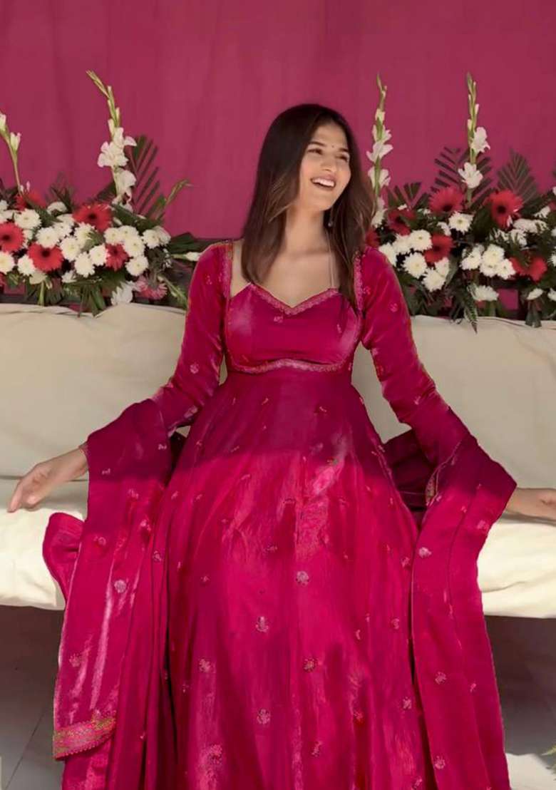 Rani Pink Embroidered Silk Blend Anarkali Set - Indya
