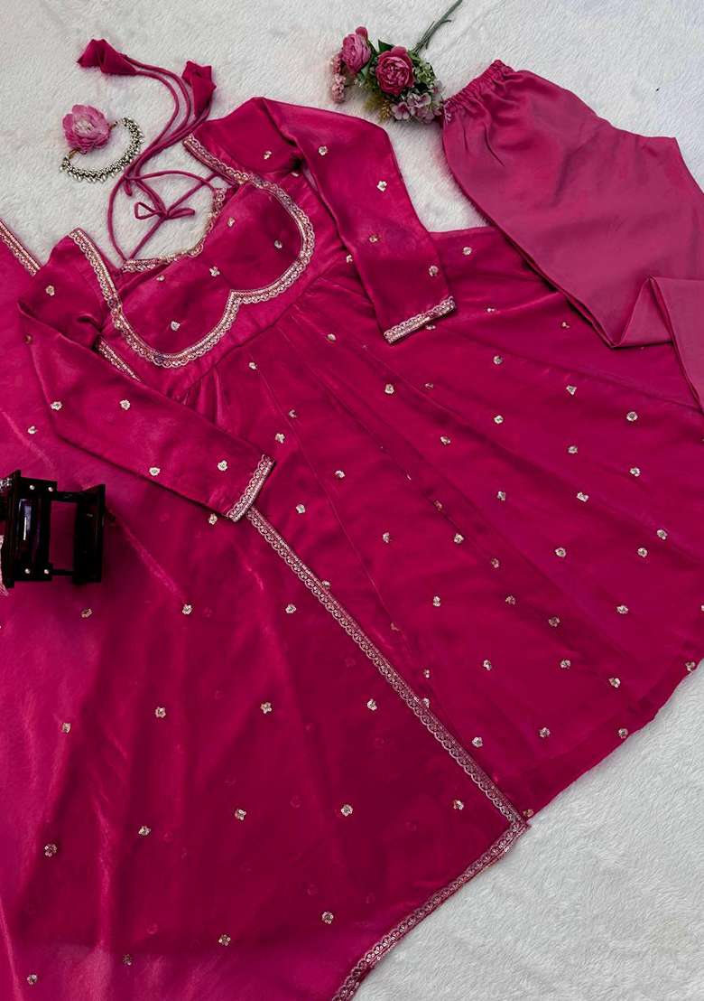 Rani Pink Embroidered Silk Blend Anarkali Set - Indya