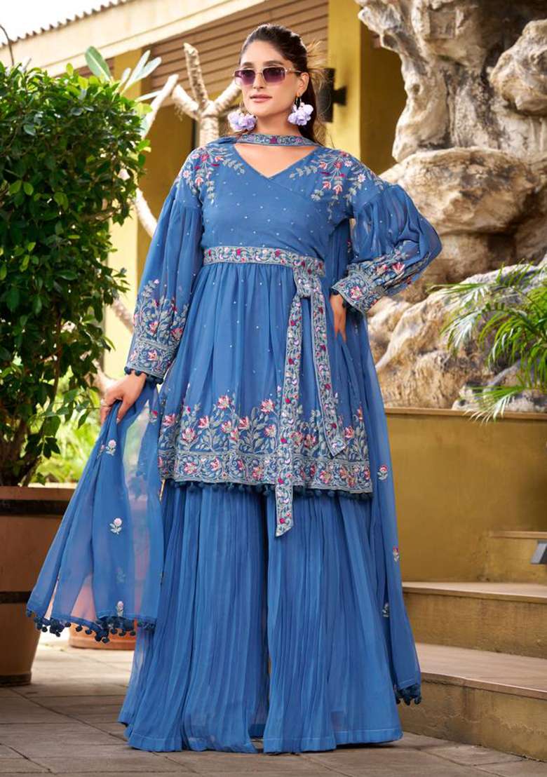 Sky Blue Embroidery Georgette Kurta Set - Indya