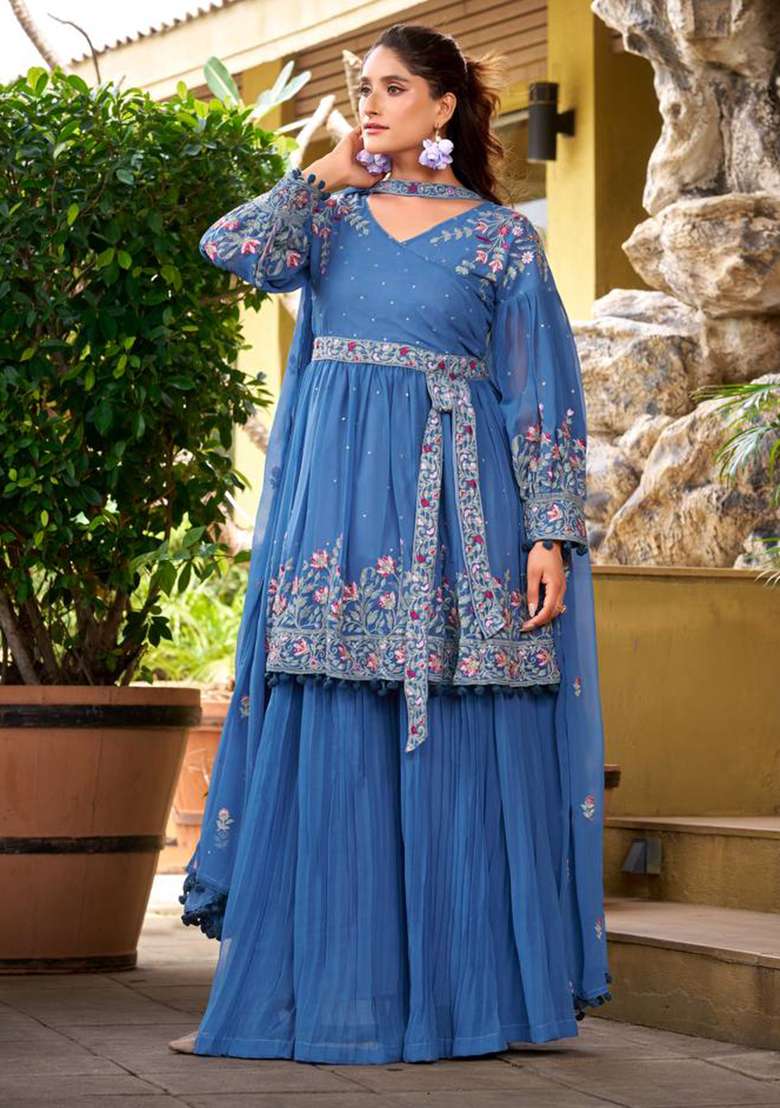 Sky Blue Embroidery Georgette Kurta Set - Indya