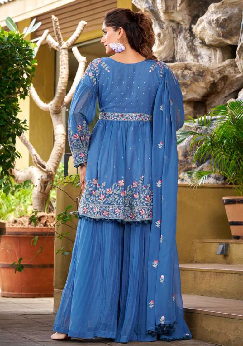 Sky Blue Embroidery Georgette Kurta Set - Indya