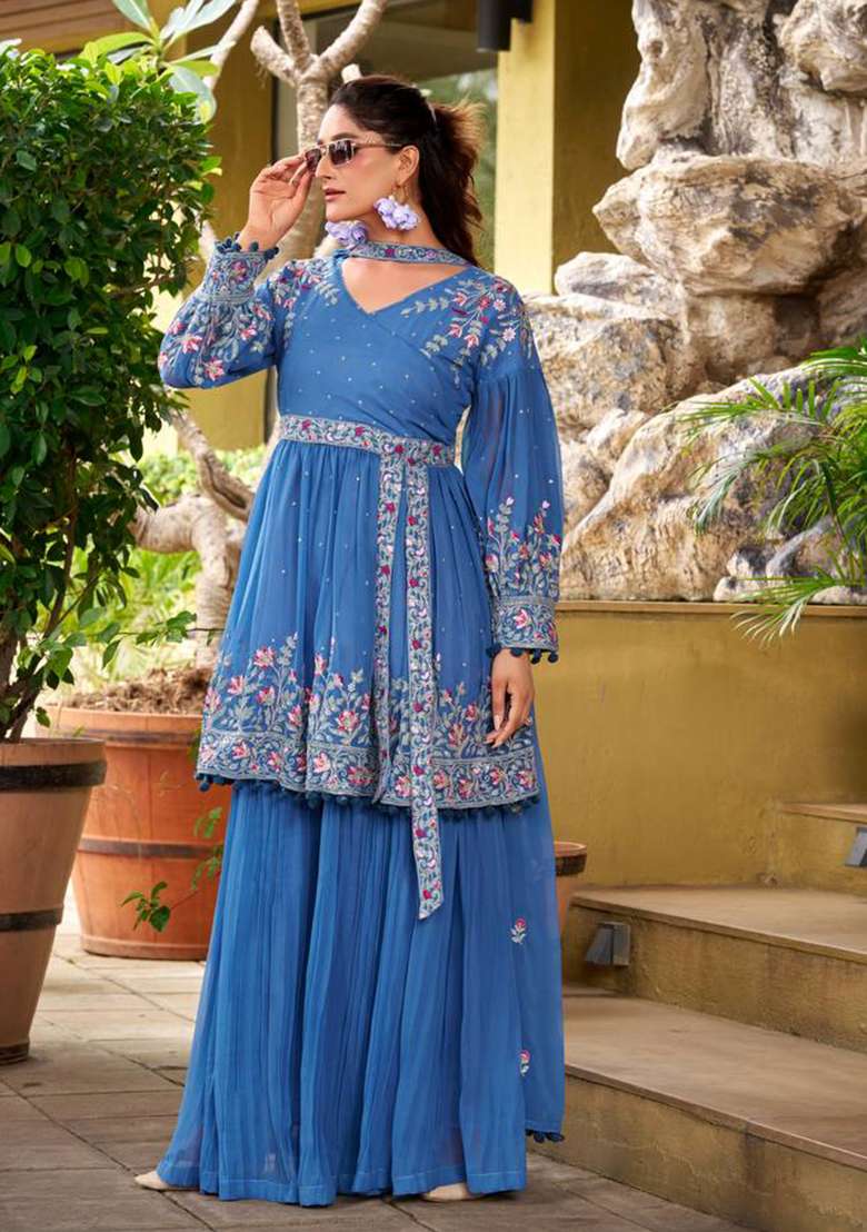 Sky Blue Embroidery Georgette Kurta Set - Indya