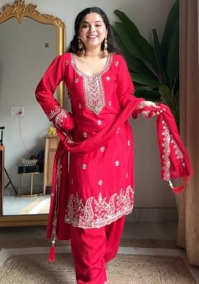 Red Embroidery Chinon Kurta Set