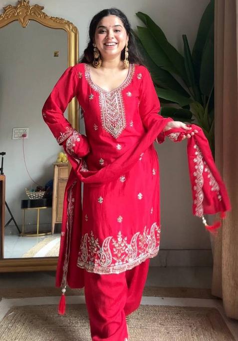 Red Embroidery Chinon Kurta Set