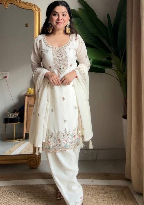 White Embroidery Chinon Kurta Set