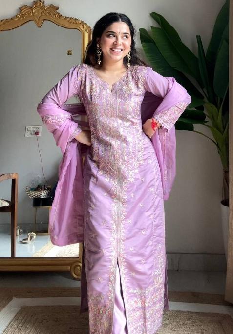 Lavender Embroidery Silk Kurta Set