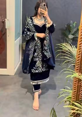 Blue Embroidery Velvet Salwar Kameez