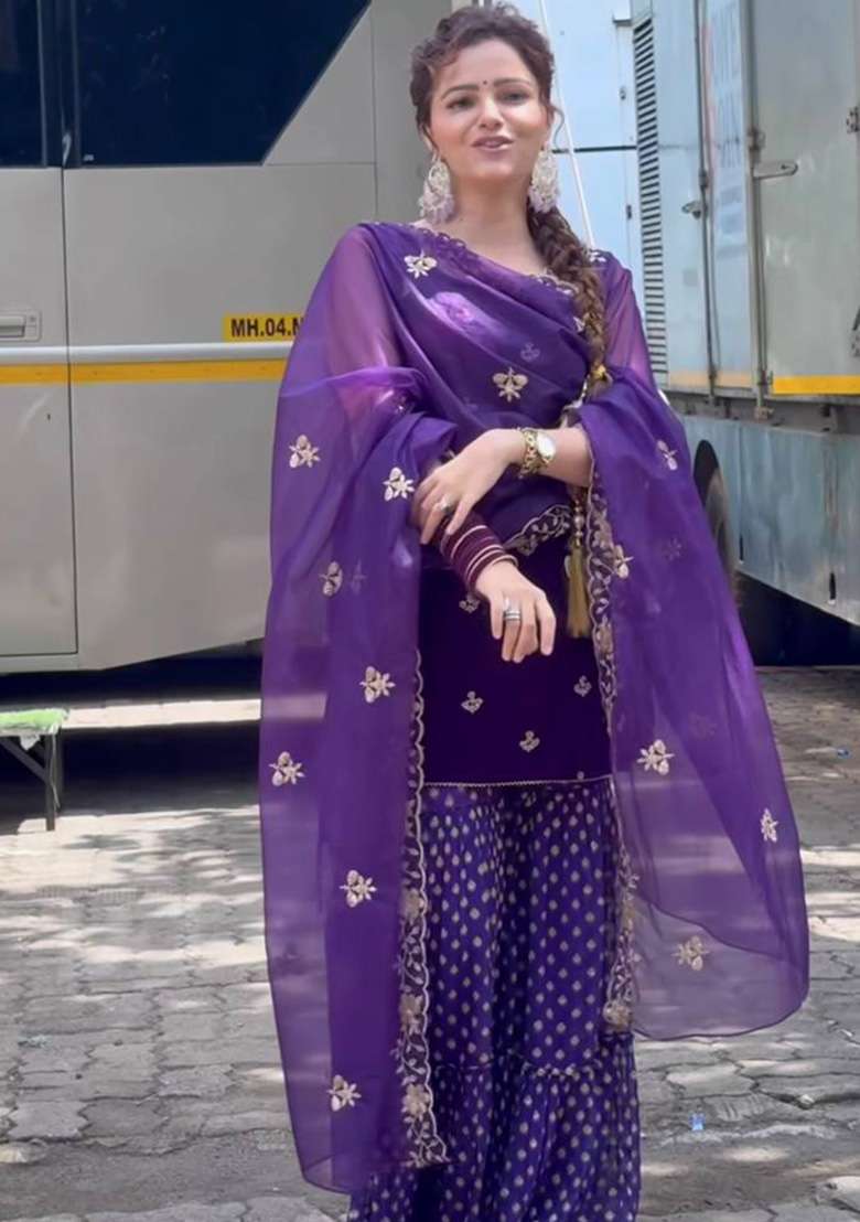 Purple Embroidered Velvet Sharara Set - Indya