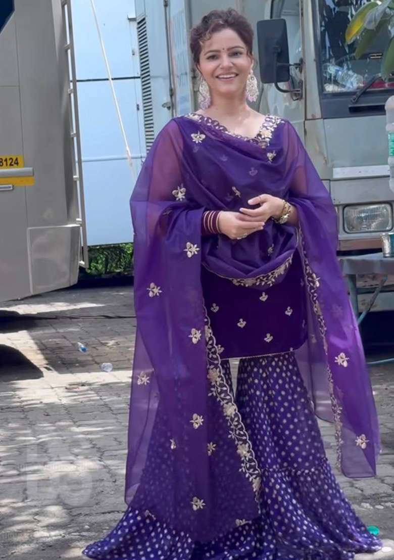 Purple Embroidered Velvet Sharara Set - Indya