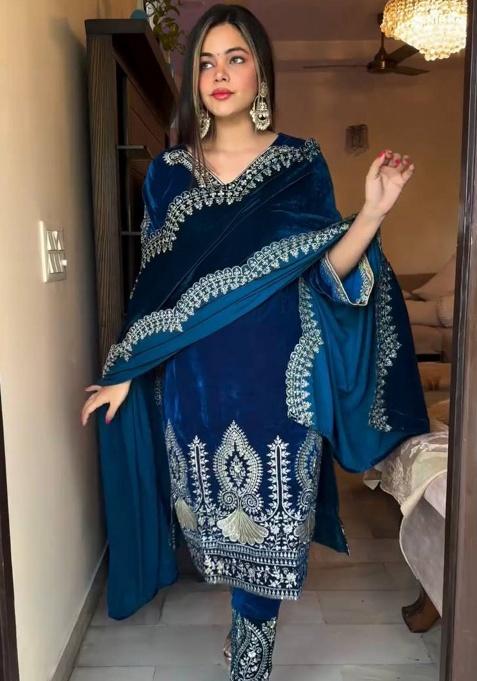 Blue Embroidery Velvet Salwar Kameez