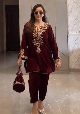 Maroon Embroidery Velvet Salwar Kameez