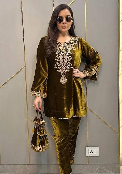 Green Embroidery Velvet Salwar Kameez