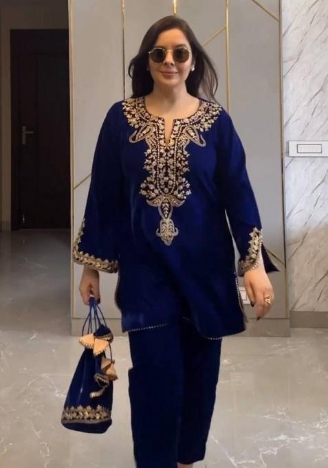 Blue Embroidery Velvet Salwar Kameez